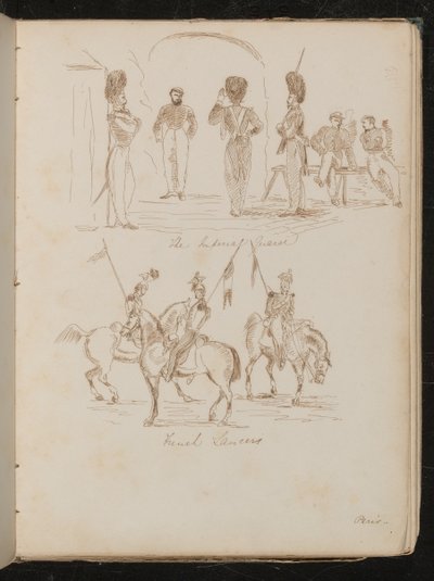 Studi di soldati con iscrizione "Imperial Guards", soldati con bandiere a cavallo con iscrizione "French Lancers" da Lady Butler