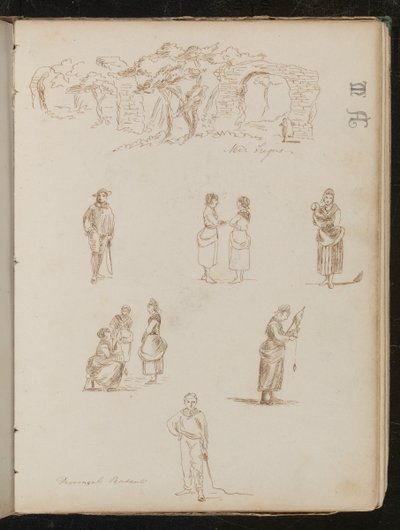 Studio di paesaggio con alberi e archi in rovina iscritti "Vicino a Frejus", sei studi di figure iscritti "Contadini provenzali" da Lady Butler
