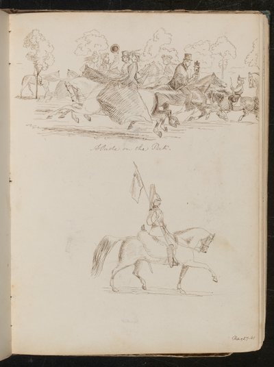 Studio di uomini e donne a cavallo in un parco, forse una caccia, uno studio di un soldato in uniforme completa a cavallo con una bandiera da Lady Butler