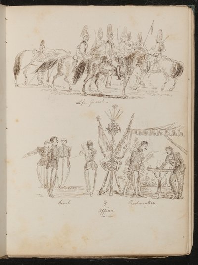 Studio di soldati a cavallo con iscrizione "Life Guards", studio di gruppi di soldati con bandiere, che fumano e bevono da Lady Butler