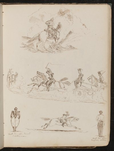Studio di soldati a cavallo che tirano un cannone, due viste di artiglieri, un soldato in uniforme completa su cavallo al galoppo da Lady Butler