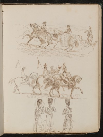 Studio di due donne e un uomo che cavalcano in paesaggio collinare, studio di soldati a cavallo, studio di tre guardie in conversazione da Lady Butler