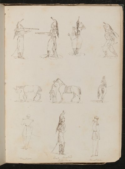 Dieci studi di soldati, cavalli, donna che cavalca all