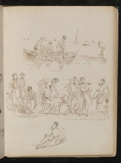 Tre figure in una barca a remi iscritti "Pescatori", scena di mercato con otto figure iscritti "Soldati piemontesi che comprano frutta" da Lady Butler