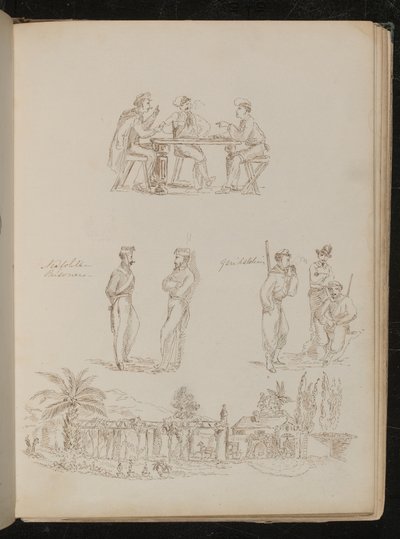 Tre soldati che giocano a carte, due "Prigionieri napoletani" in conversazione, tre "Garibaldini" a riposo e fumando, una villa genovese da Lady Butler