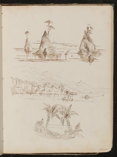 Tre studi di isole rocciose, un paesaggio acquatico con persone e barche, e palme da Lady Butler