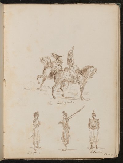 Due soldati a cavallo iscritti "Le Cert gardes", studi di soldati di artiglieria e fanteria da Lady Butler