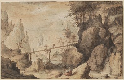 Disegnatore su una pietra davanti a un ponte da Lambert Doomer