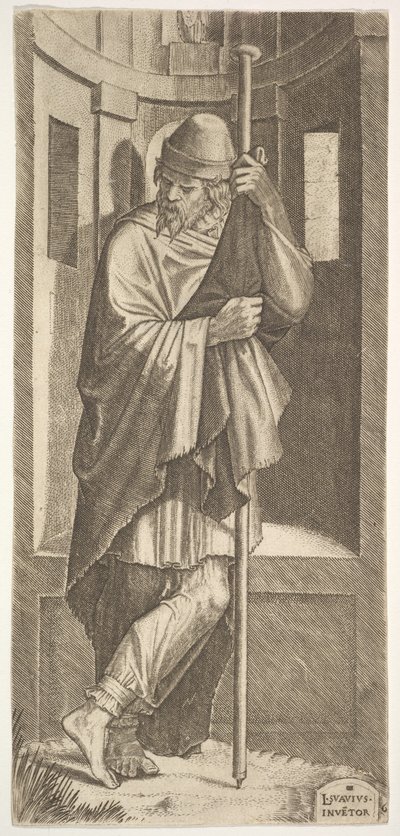 San Giacomo Maggiore appoggiato a un palo davanti a una nicchia, con la gamba sinistra incrociata sulla destra, 1545 da Lambert Suavius