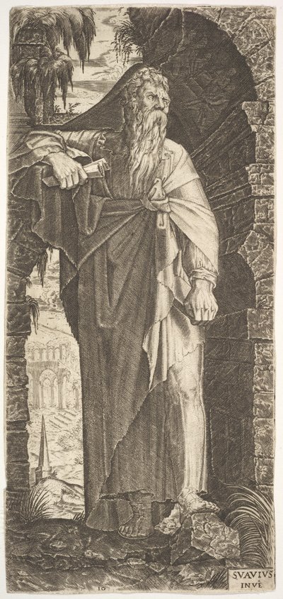 San Paolo sotto un arco ricoperto di vegetazione, con il piede sinistro su una roccia, la mano destra..., 1545 da Lambert Suavius