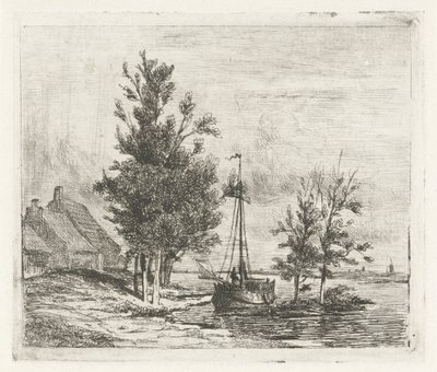 Paesaggio fluviale con barca a vela e fattoria da Lambertus  Hardenberg