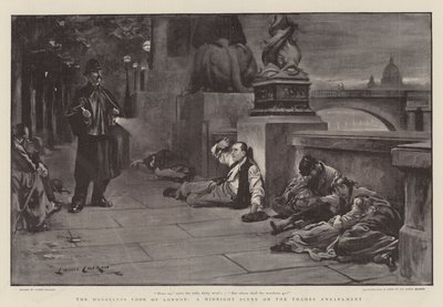 I poveri senza casa di Londra, una scena di mezzanotte sull
