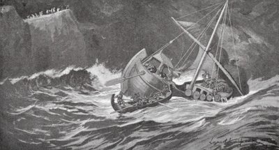 La nave di legname fu colta da una tempesta e i monaci andarono in suo soccorso con piccole barche da Lancelot Speed