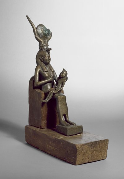 Statuetta votiva di Iside che allatta il bambino Horus, trovata a Saqqara con trono e base originali da Late Period Egyptian