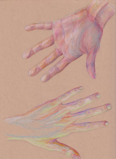 Mani #2, 2025 (matita colorata su carta tonica) da Laurie Michaels