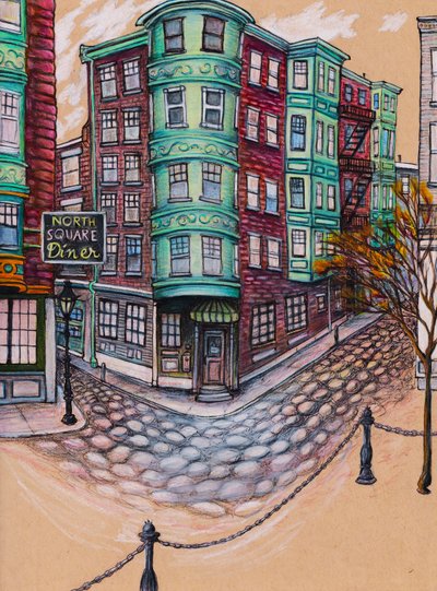 North Square Diner, 2025 (matita colorata e inchiostro su carta colorata) da Laurie Michaels