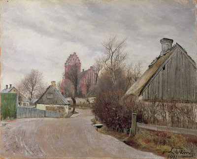 Gade i Hoje Taastrup (strada di campagna con cottage e una chiesa alta) 1911 da Laurits Andersen Ring
