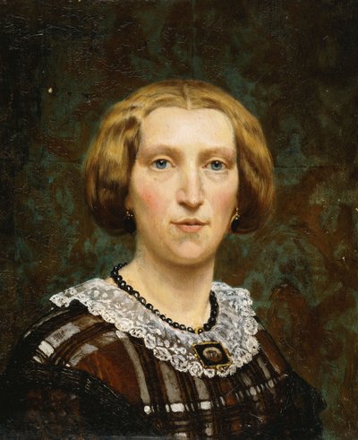 Ritratto di Sientje Tadema, piccolo busto, in abito marrone e bianco e scialle nero da Lawrence Alma Tadema