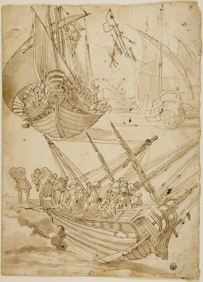 Equipaggio che abbandona la nave (recto); Schizzi di colonne corinzie (verso) da Lazzaro Tavarone