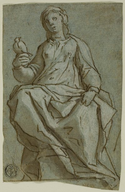 Figura femminile seduta (Santa Scolastica?) che tiene una colomba da Lazzaro Tavarone