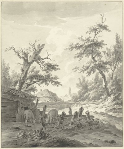 Paesaggio con porcile in primo piano da Leendert Overbeek
