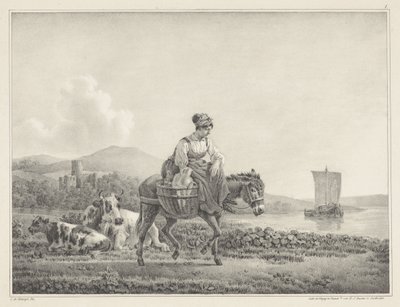 Donna su un asino in un paesaggio (serie di sei disegni a pietra di L. de Koningh) da Leendert de Koningh