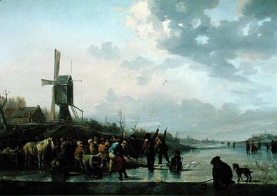 Scena invernale, fiume ghiacciato con pattinatori da Leendert de Koningh