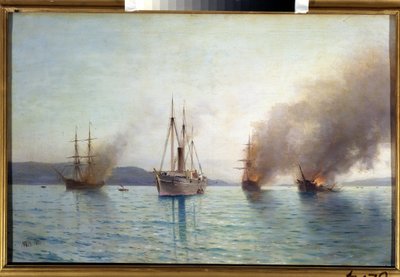 Nave torpediniera russa Granduca Costantino che distrugge le navi turche nel Bosforo nel 1877 da Lef Feliksovich Lagorio