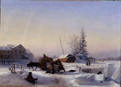 Trasporto del ghiaccio, vista invernale del vecchio villaggio del vino sull