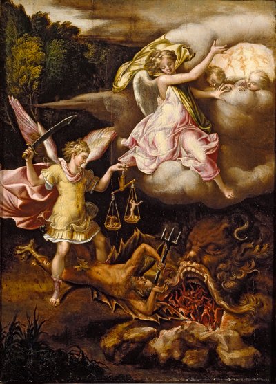 San Michele che sottomette Satana e pesa le anime dei morti da Lelio Orsi