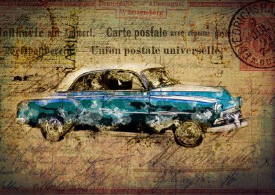Cartolina con auto blu in stile retrò da Lembayung senja studio [Vintage Poster]