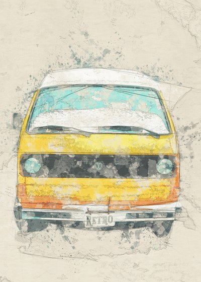 Furgoncino camper giallo retrò da Lembayung senja studio [Vintage Poster]