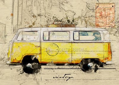 Schizzo di viaggio: il furgone giallo da Lembayung senja studio [Vintage Poster]