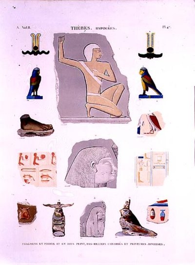 Illustrazioni di rilievi dipinti su frammenti di pietra e legno Ipogei, Tebe tavola 47 da Vol II di 
