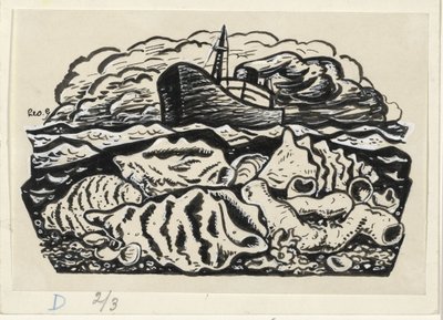 Nave a vapore in mare con conchiglie sulla spiaggia da Leo Gestel (signed by artist)