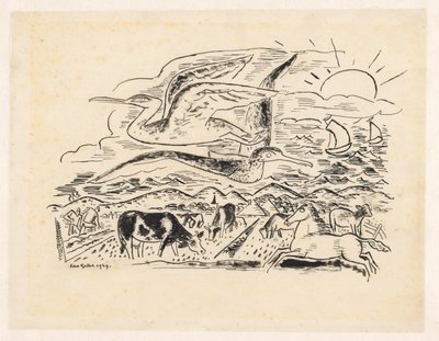 Due uccelli volano su un paesaggio con bestiame da Leo Gestel (signed by artist)