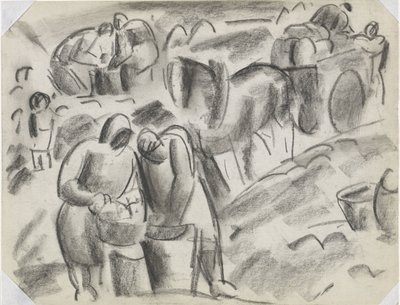 Raccoglitori di patate sul campo con cavallo e carro da Leo Gestel