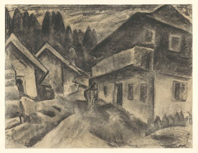 Veduta di un villaggio con uomo e mucca sulla strada del villaggio da Leo Gestel