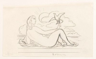 Nudo femminile sdraiato sulla spiaggia e un gabbiano da Leo Gestel