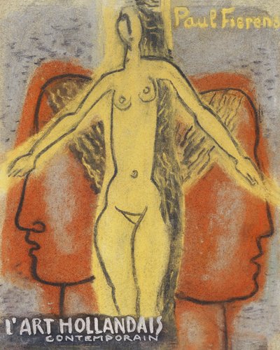Donna nuda tra due teste di uomini che guardano in direzioni opposte (1933) di Leo Gestel. da Leo Gestel