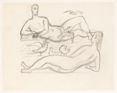 Uomo e donna nudi sulla costa, circondati da gabbiani da Leo Gestel