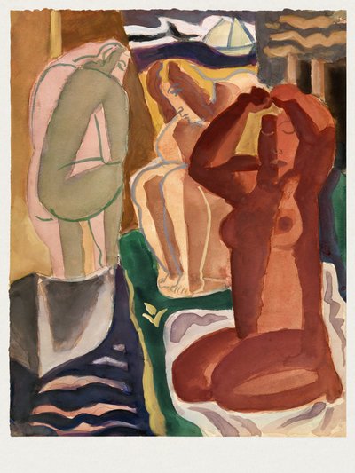 Due donne al bagno e una figura sul ponte  - Leo Gestel 60x80 cm con bordo bianco da Leo Gestel
