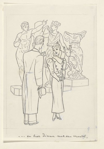 Donna e uomo davanti a tre statue da Leo Gestel