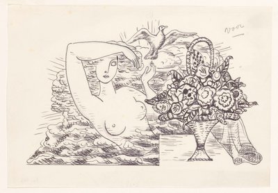 Nudo femminile nelle onde che libera un uccello, in primo piano un cesto di fiori da Leo Gestel
