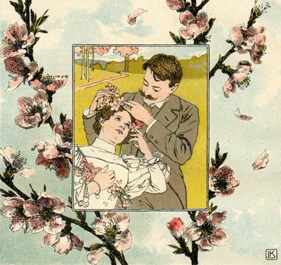 Uomo mette fiori di primavera nei capelli di una giovane donna da Leo Kainradl