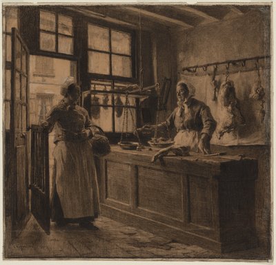 Interno di una macelleria, 1881 ca. (carboncino e gesso nero lumeggiato con gesso bianco) da Leon Augustin Lhermitte