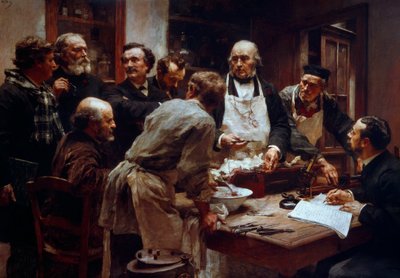 Il corso di dissezione del dottor Claude Bernard (1813-1878) (con il grembiule) in presenza dei suoi allievi Paul Bert (1833-1886) e Arsène d