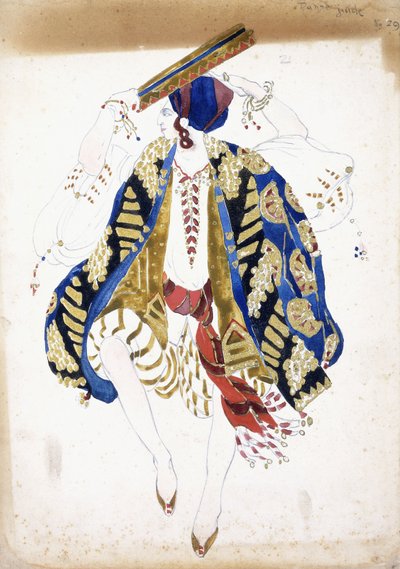 Costume per un ballerino in "Danse Juive", con calzoni alla zuava e un turbante, suonando un tamburello da Leon Bakst