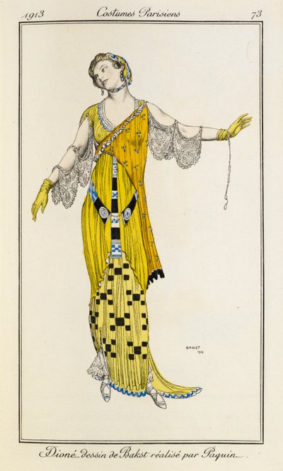Dioné, disegno di Bakst realizzato da Jeanne Paquin. Costumes Parisiens n.73 da Leon Bakst
