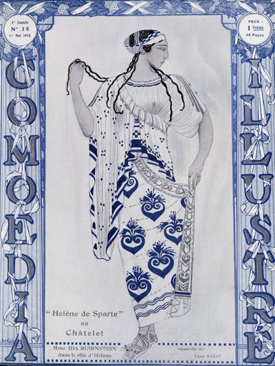 Les Ballets Russes: Elena di Sparta al Chatelet, Miss Ida Rubinstein nel ruolo di Elena - acquerello di Bakst, in "Comoedia illustrata" da Leon Bakst